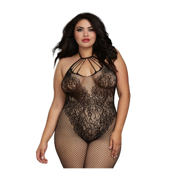 Bodystocking Grande taille résille dans un style Body avec magnifique décolleté à lanières 